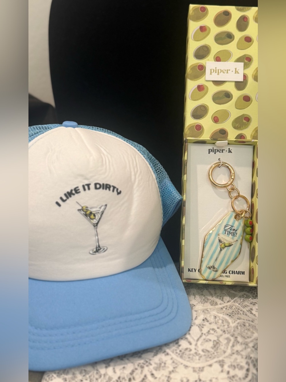Trucker martini cap w/ Piper·k Blue & White Striped Martini Keychain
